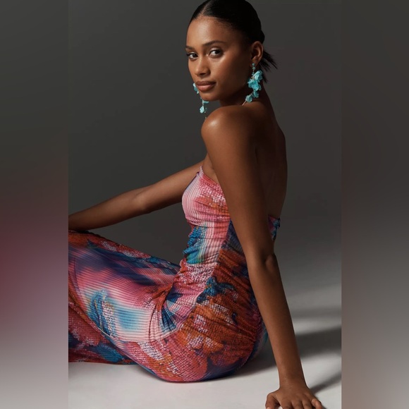 Anthropology Slim Strapless Ruched Mesh Dress - Picture 2 of 10